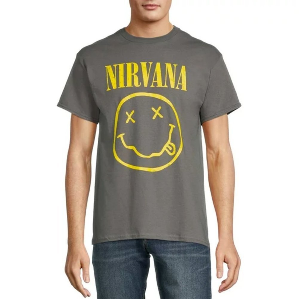 Nirvana Mens Size Charcoal Gray Smiley Logo Graphic Print Tee Shirt  Size 2XL